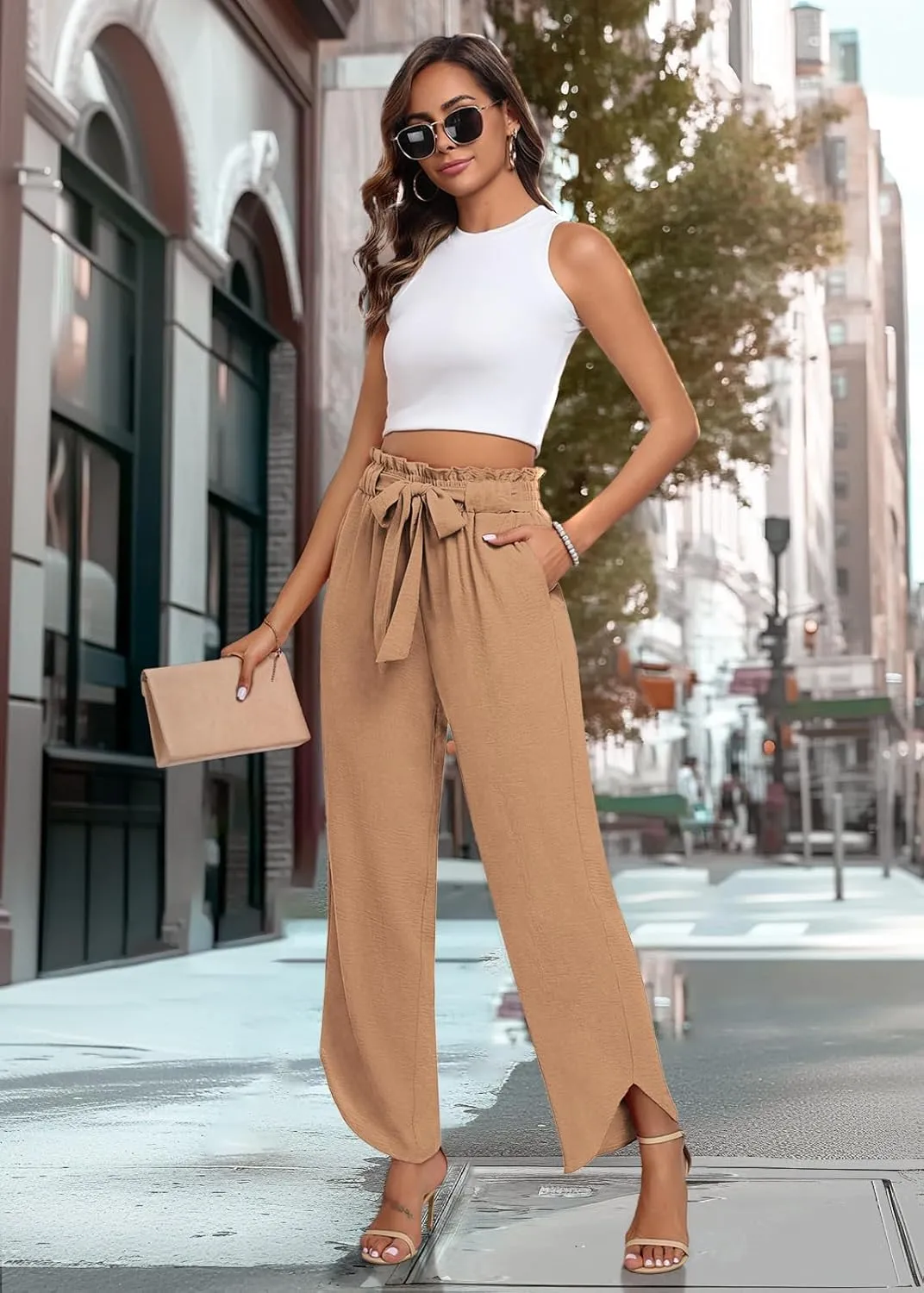 DILIUXING Womens High Waist Pants Wide Leg Adjustable Knot Loose Casual Trousers Business Work Pants with Pockets