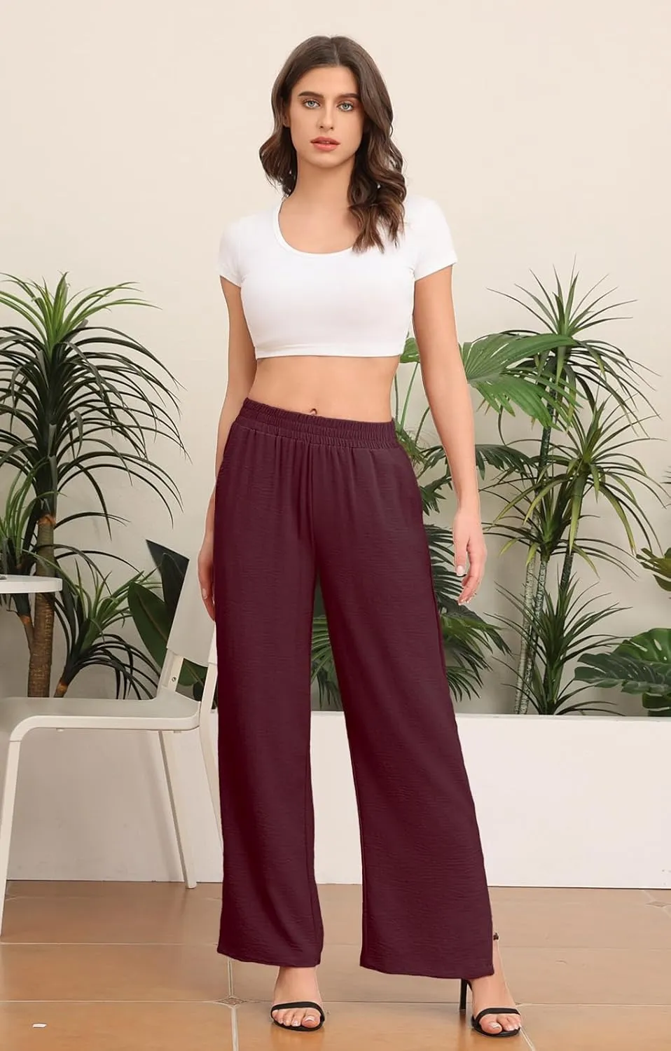 DILIUXING Women's Wide Leg Lounge Pants with Pockets Side Slits Lightweight High Waisted Loose Trouser