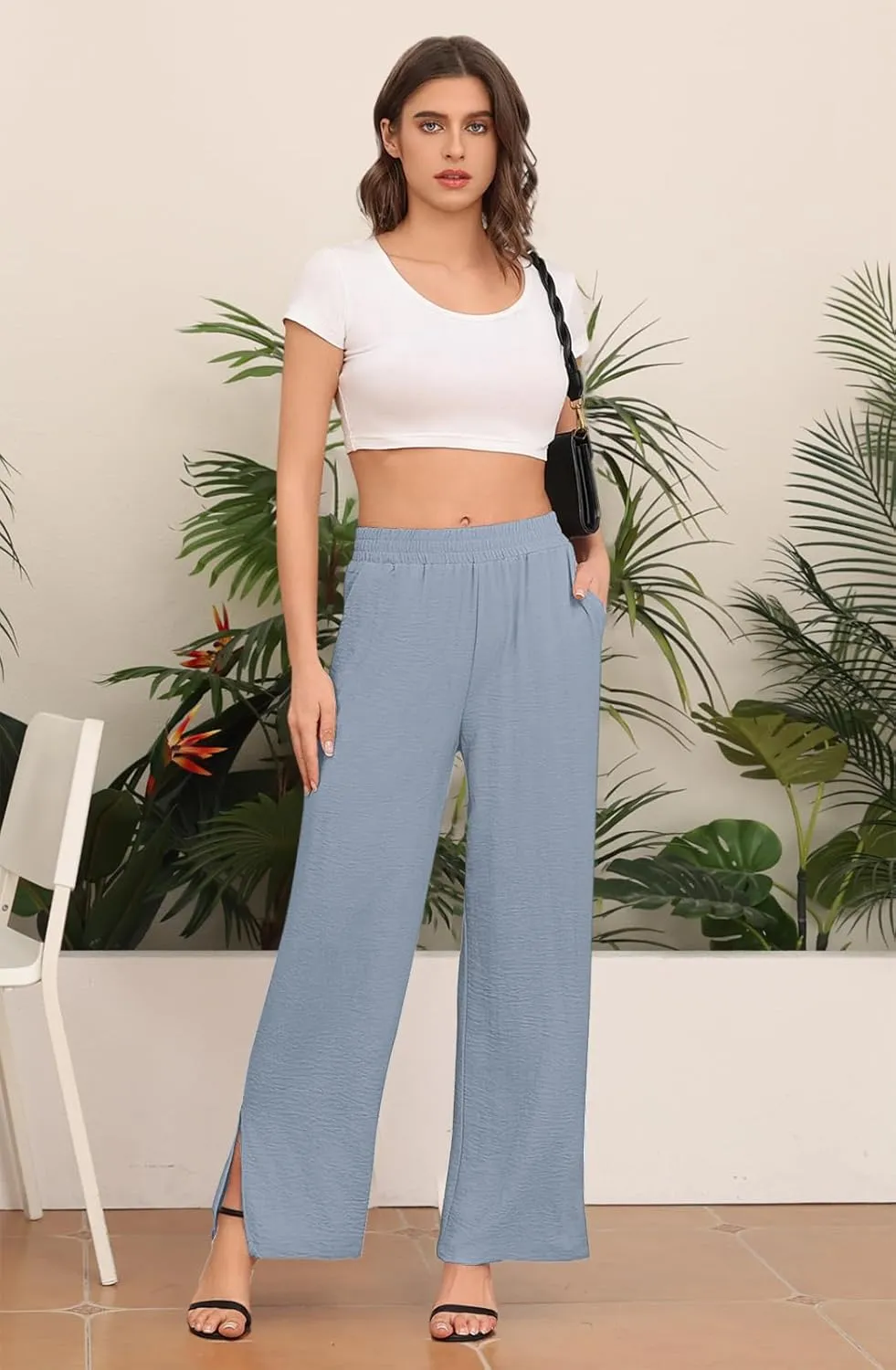 DILIUXING Women's Wide Leg Lounge Pants with Pockets Side Slits Lightweight High Waisted Loose Trouser