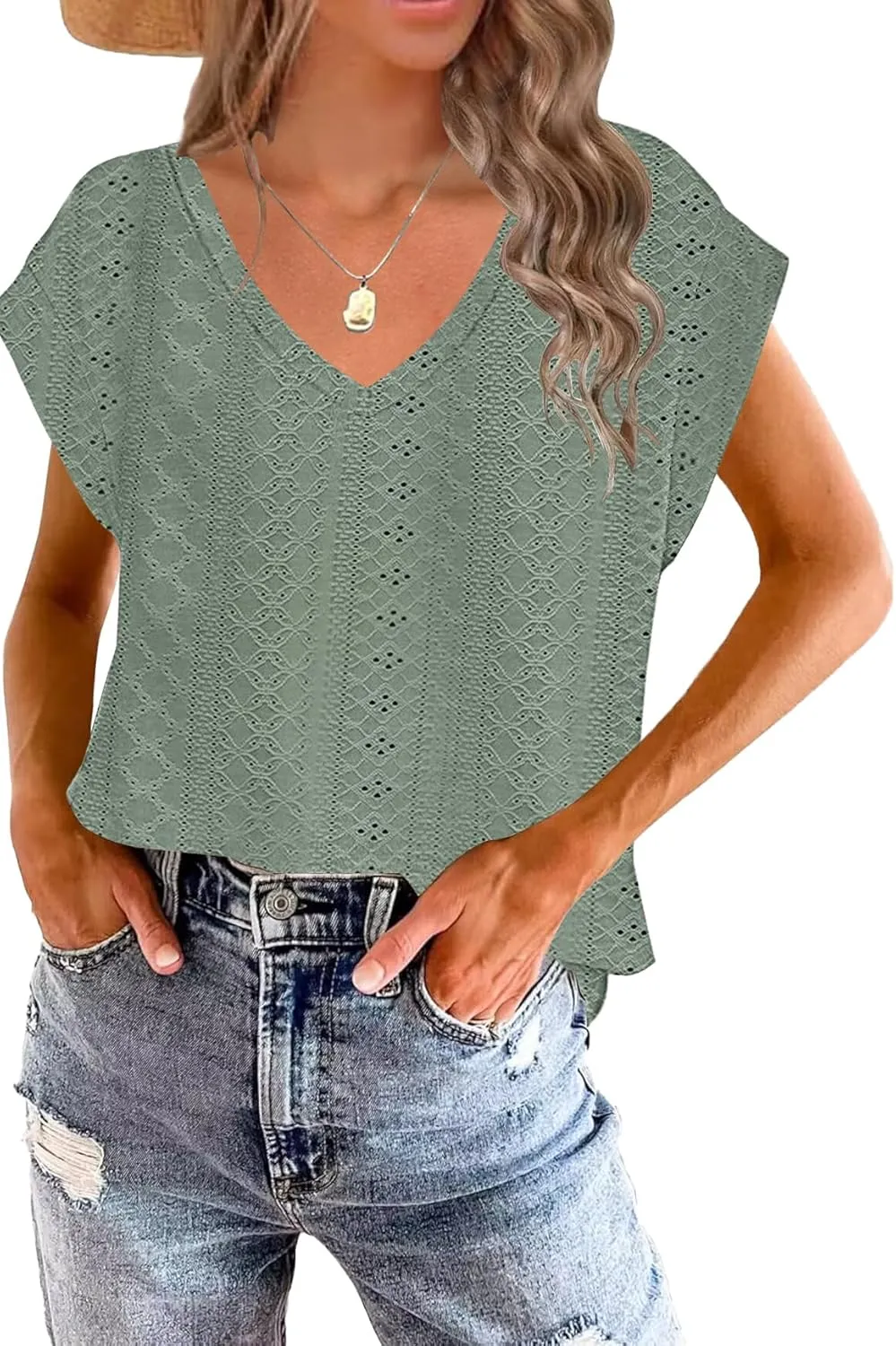 Disamer Summer Cap Sleeve Tank Tops for Women Trendy 2025 Loose Fit Basic Solid Color V Neck Short Sleeve Shirts