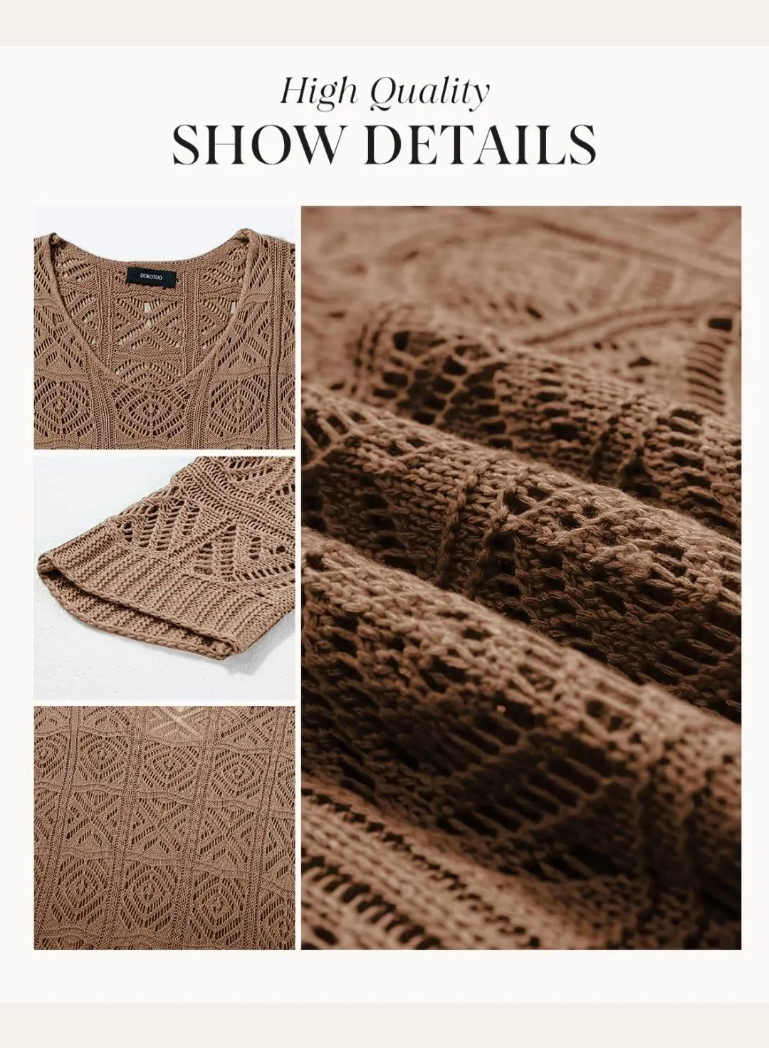 Dokotoo Women's 2025 Spring Summer Crochet Hollow Out 3/4 Sleeve Pullover Sweater Off Shoulder T-Shirts