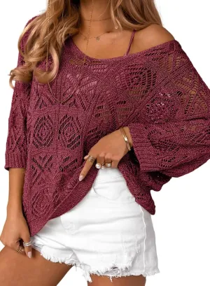 Dokotoo Women's 2025 Spring Summer Crochet Hollow Out 3/4 Sleeve Pullover Sweater Off Shoulder T-Shirts