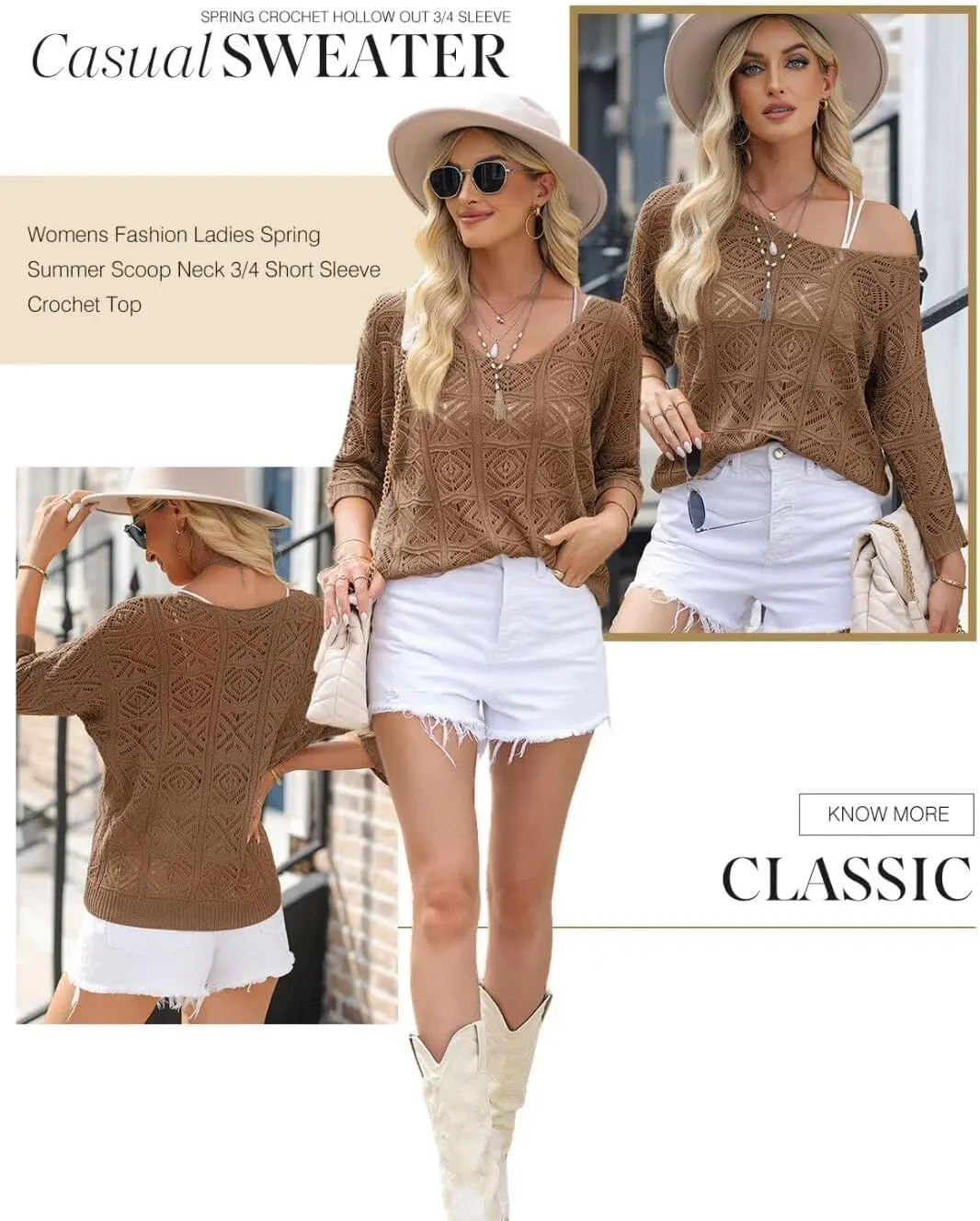 Dokotoo Women's 2025 Spring Summer Crochet Hollow Out 3/4 Sleeve Pullover Sweater Off Shoulder T-Shirts