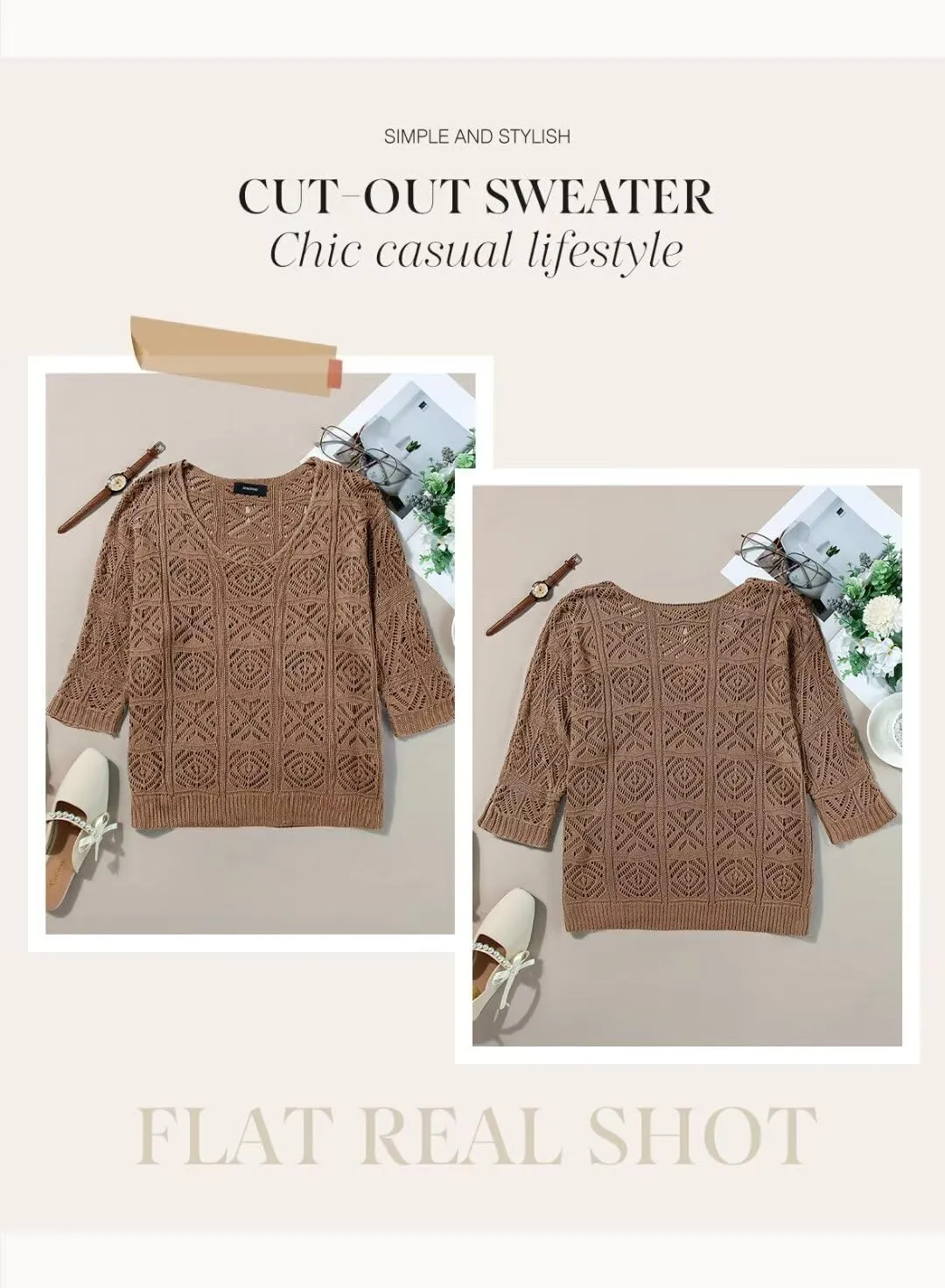 Dokotoo Women's 2025 Spring Summer Crochet Hollow Out 3/4 Sleeve Pullover Sweater Off Shoulder T-Shirts