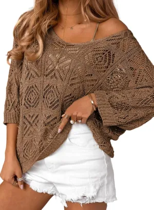 Dokotoo Women's 2025 Spring Summer Crochet Hollow Out 3/4 Sleeve Pullover Sweater Off Shoulder T-Shirts