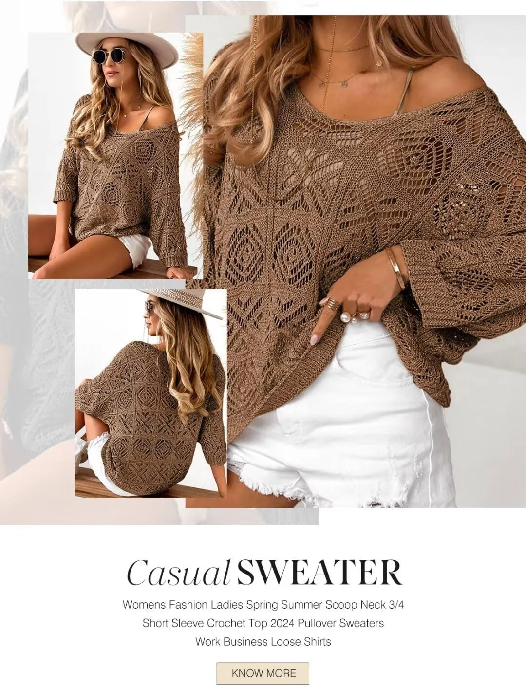 Dokotoo Women's 2025 Spring Summer Crochet Hollow Out 3/4 Sleeve Pullover Sweater Off Shoulder T-Shirts