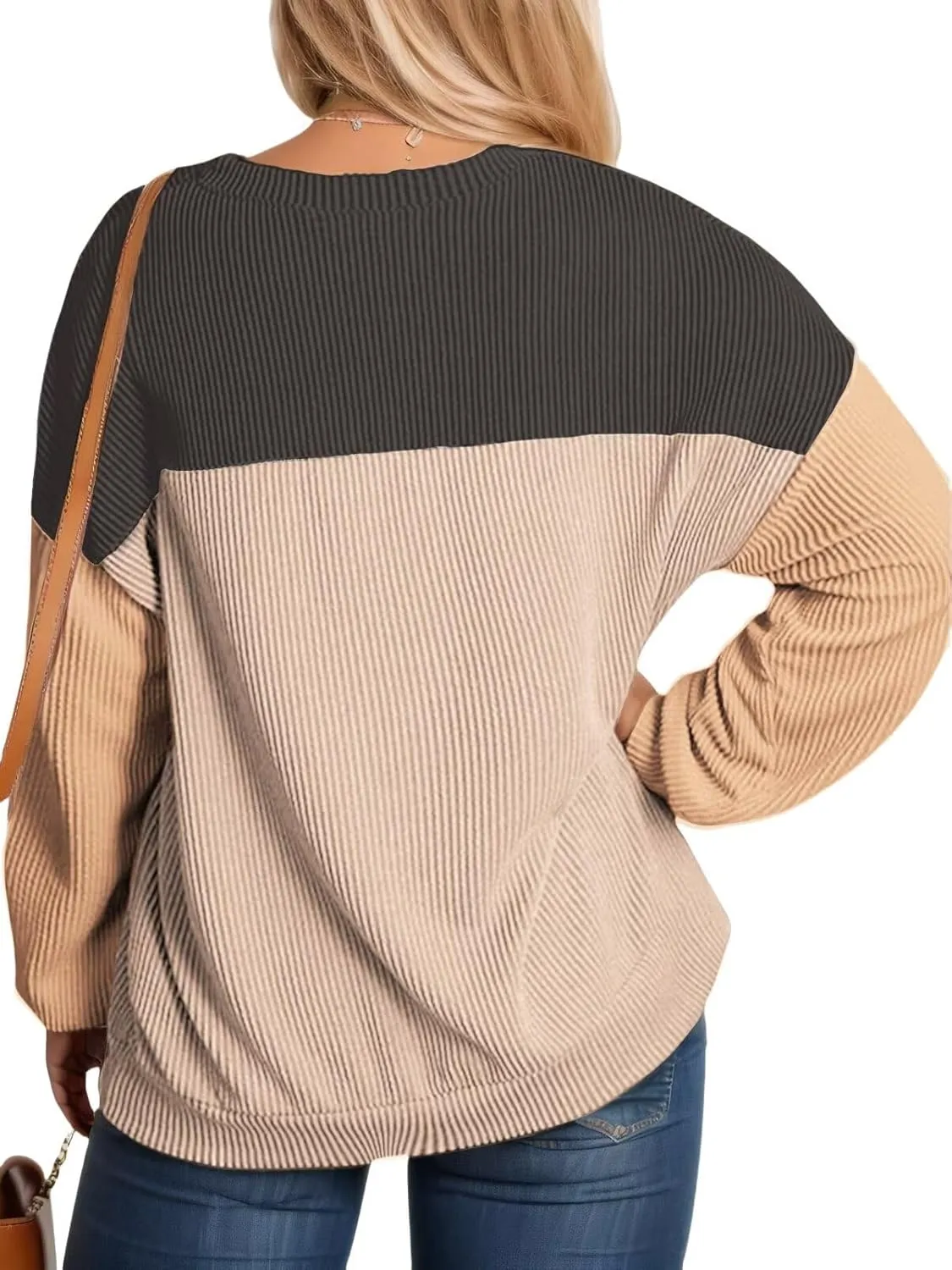 DOLNINE Plus-Size-Tops-for-Women Fall Long Sleeve Shirts Casual Color Block Crewneck Sweatshirts Oversized Ribbed Knit Tunic