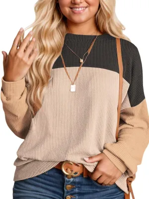 DOLNINE Plus-Size-Tops-for-Women Fall Long Sleeve Shirts Casual Color Block Crewneck Sweatshirts Oversized Ribbed Knit Tunic