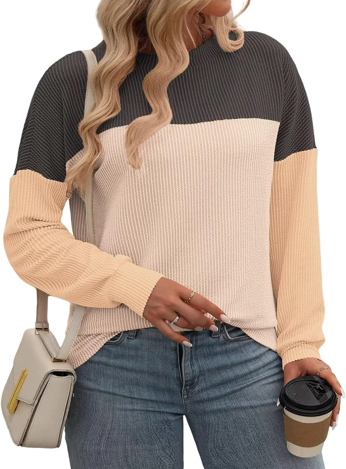 DOLNINE Plus-Size-Tops-for-Women Fall Long Sleeve Shirts Casual Color Block Crewneck Sweatshirts Oversized Ribbed Knit Tunic