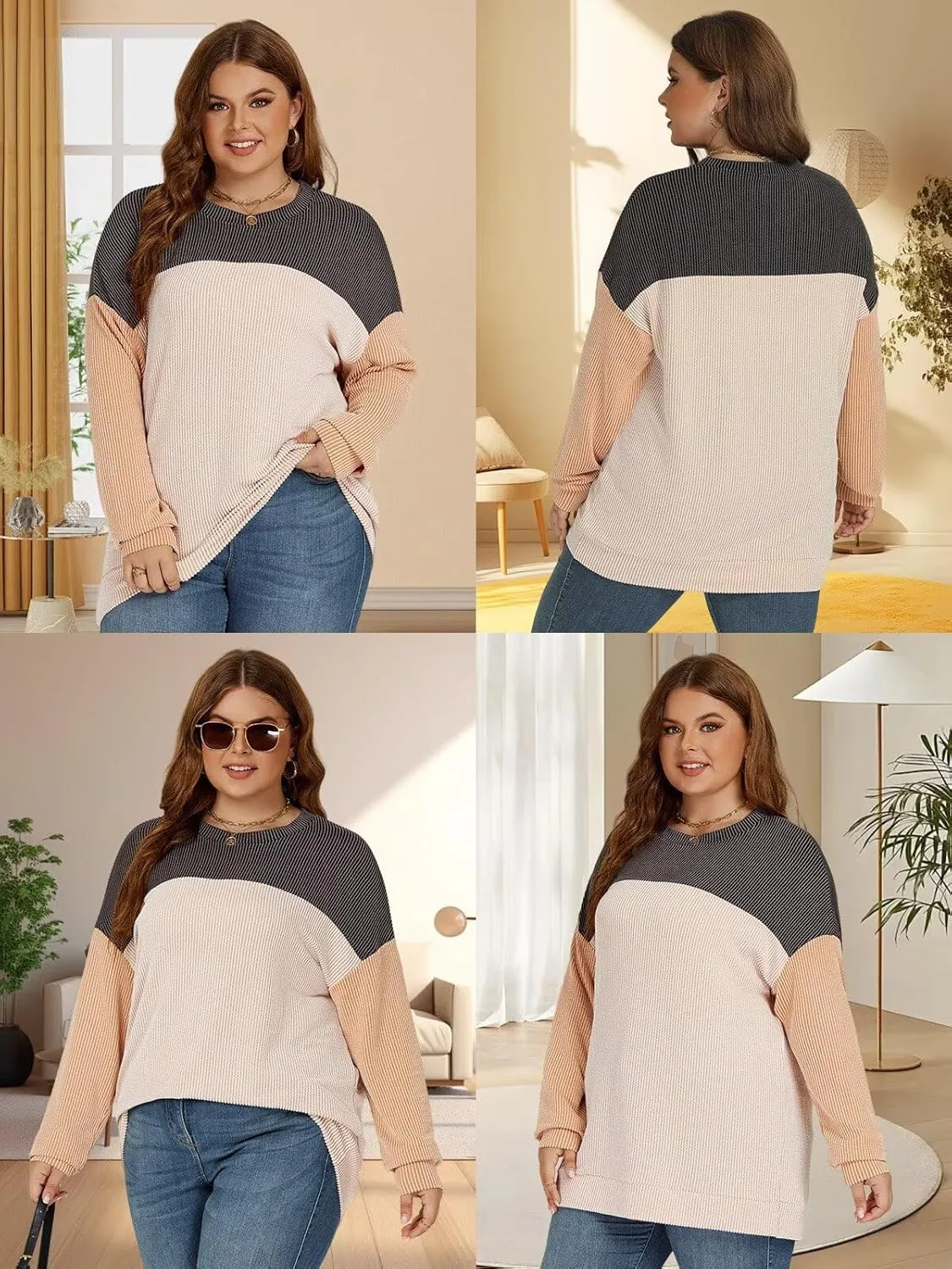 DOLNINE Plus-Size-Tops-for-Women Fall Long Sleeve Shirts Casual Color Block Crewneck Sweatshirts Oversized Ribbed Knit Tunic