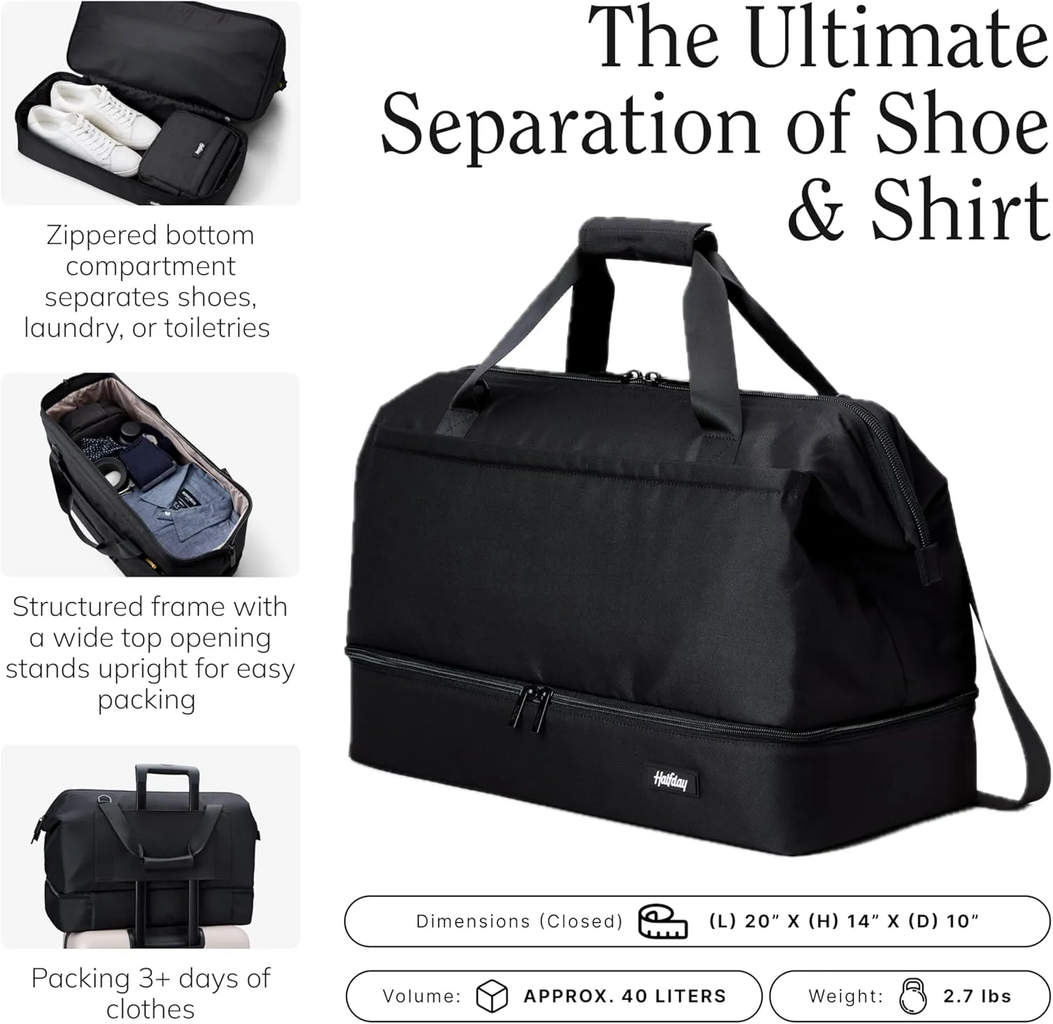 Double Decker Weekender Bag 40L Carry-On Duffel with Shoe Compartment, Water-Resistant, Foldable Travel Bag with Trolley Sleeve & Shoulder Strap  Jet