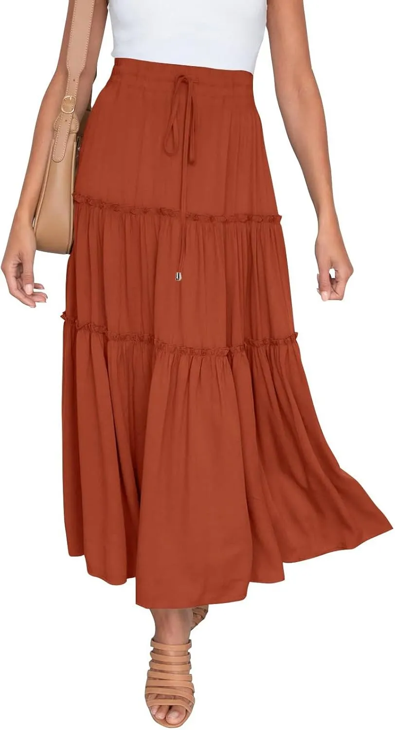 Drawstring Womens Skirt High Rise Ruched Skirts Ruffle Boho Pleated Waist Summer for Women 2023 Casual Cute Robe