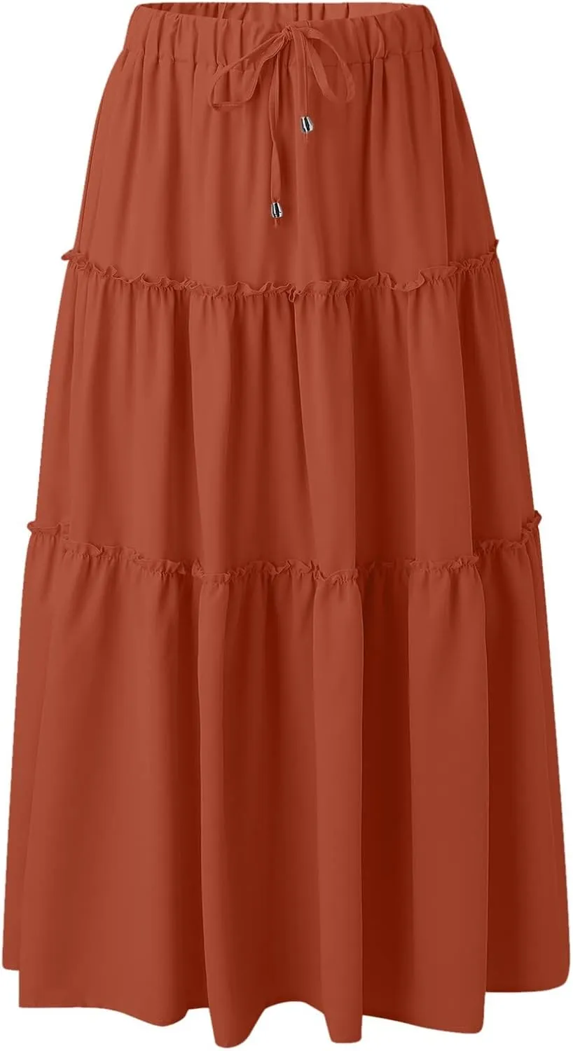 Drawstring Womens Skirt High Rise Ruched Skirts Ruffle Boho Pleated Waist Summer for Women 2023 Casual Cute Robe