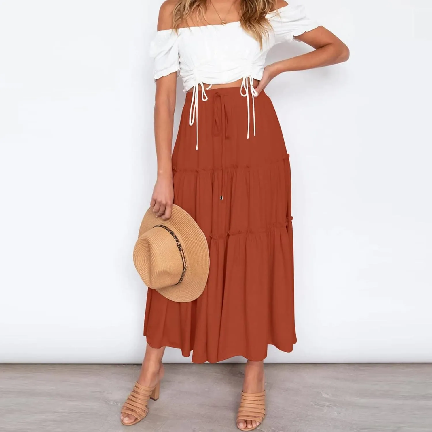 Drawstring Womens Skirt High Rise Ruched Skirts Ruffle Boho Pleated Waist Summer for Women 2023 Casual Cute Robe