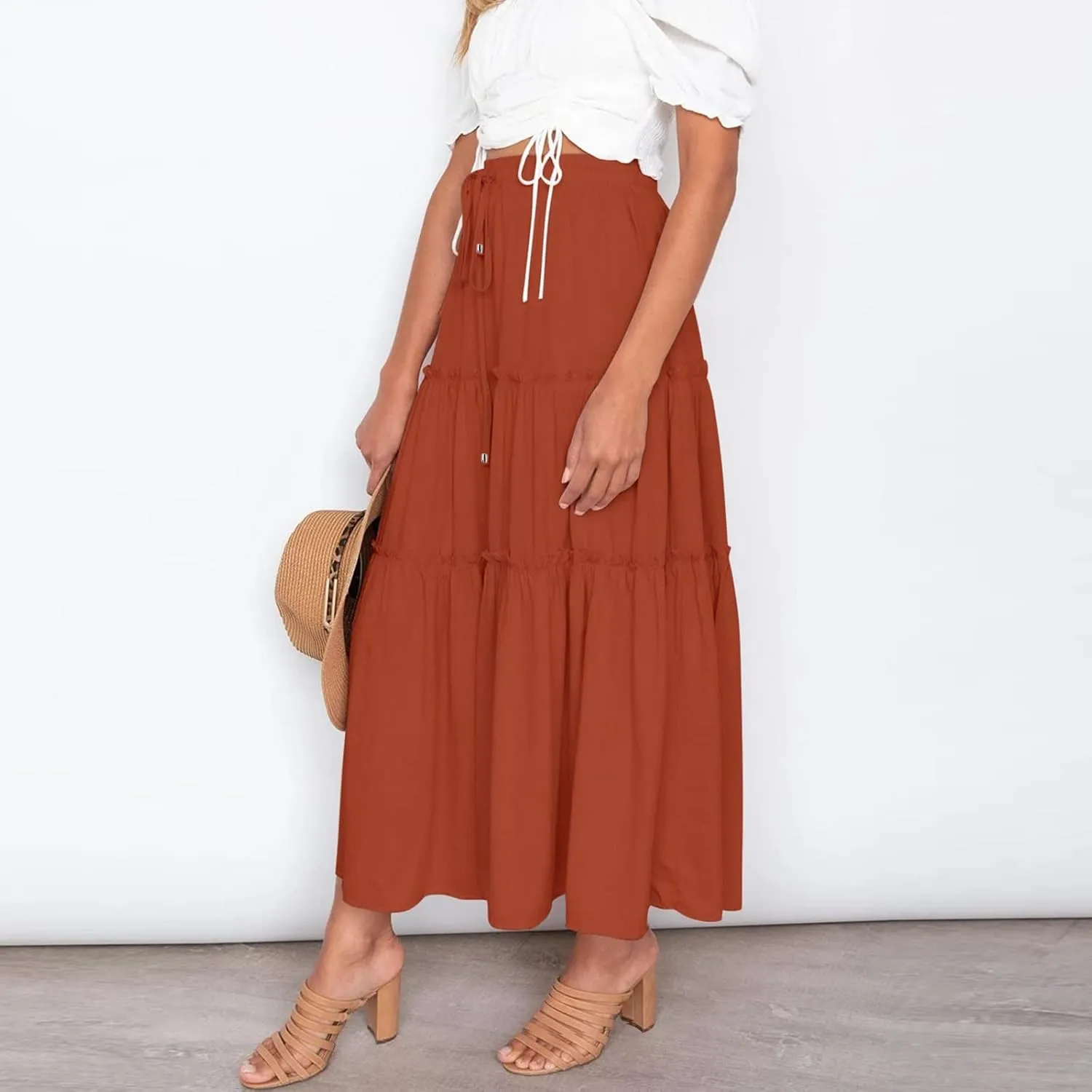 Drawstring Womens Skirt High Rise Ruched Skirts Ruffle Boho Pleated Waist Summer for Women 2023 Casual Cute Robe