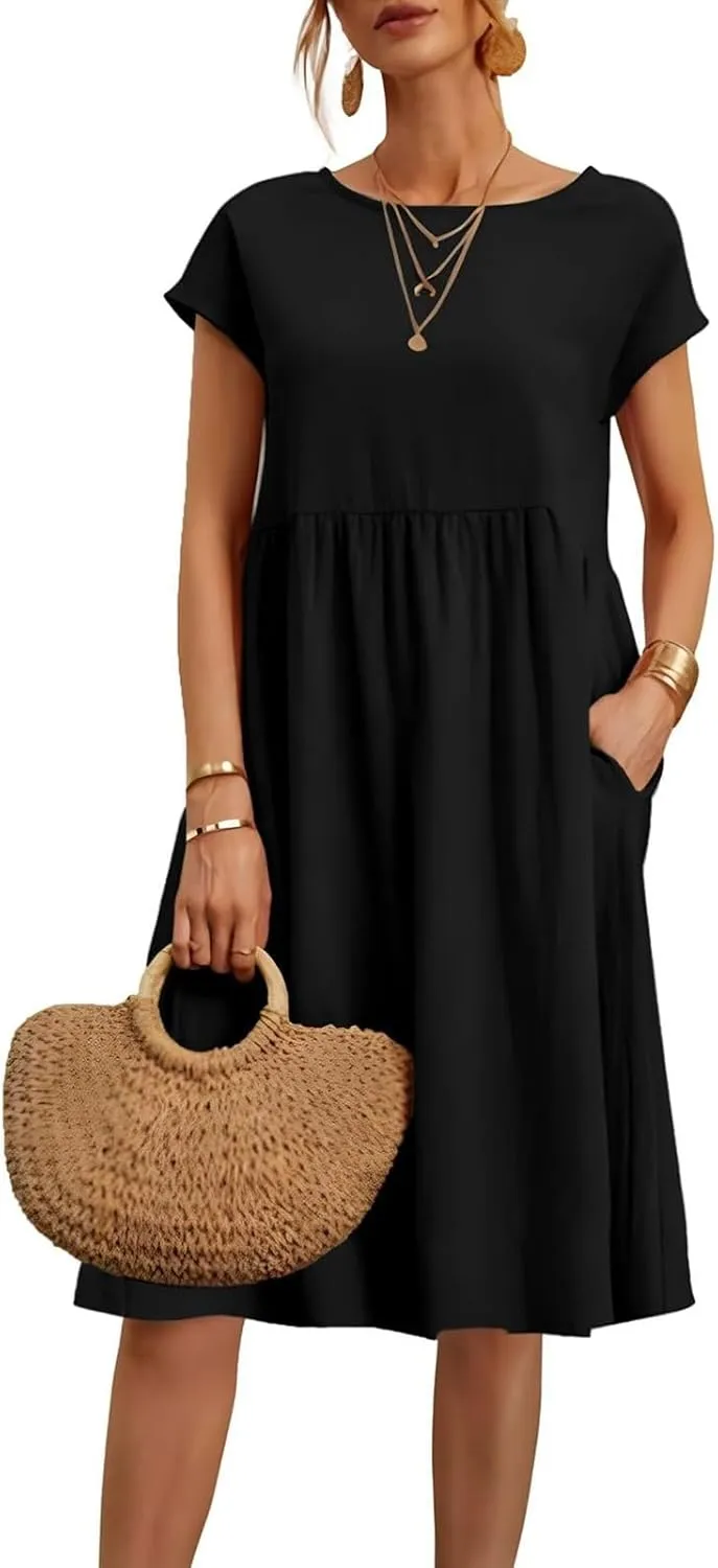 Dresses for Women 2025 Summer Cotton Linen Short Sleeve Midi Dress Plus Size Trendy Boho Beach Sundress with Pockets