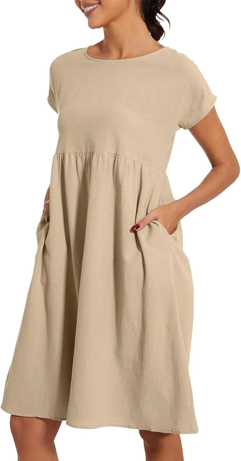Dresses for Women 2025 Summer Cotton Linen Short Sleeve Midi Dress Plus Size Trendy Boho Beach Sundress with Pockets