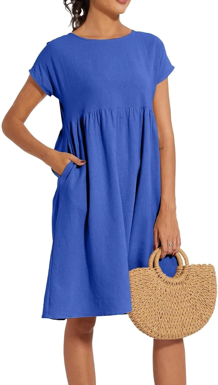 Dresses for Women 2025 Summer Cotton Linen Short Sleeve Midi Dress Plus Size Trendy Boho Beach Sundress with Pockets