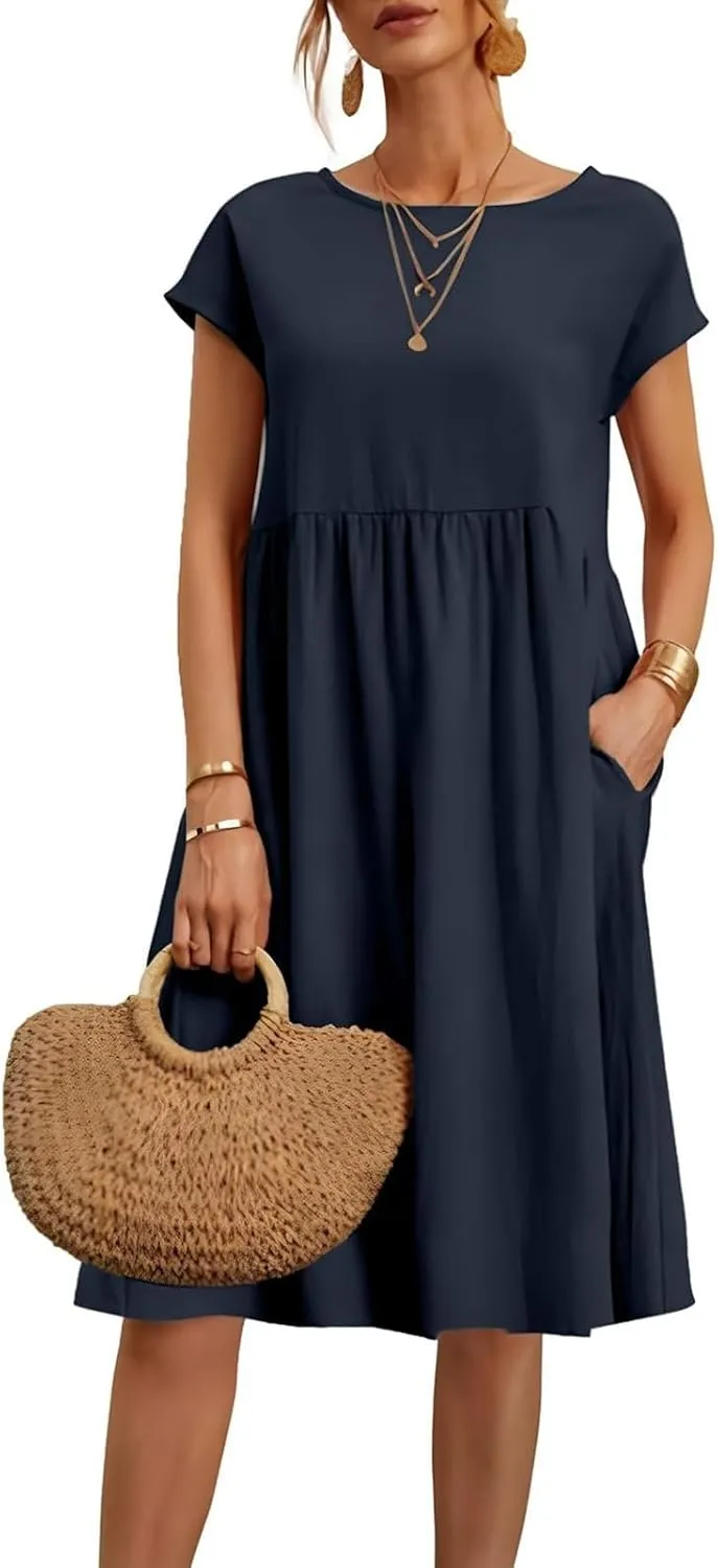 Dresses for Women 2025 Summer Cotton Linen Short Sleeve Midi Dress Plus Size Trendy Boho Beach Sundress with Pockets