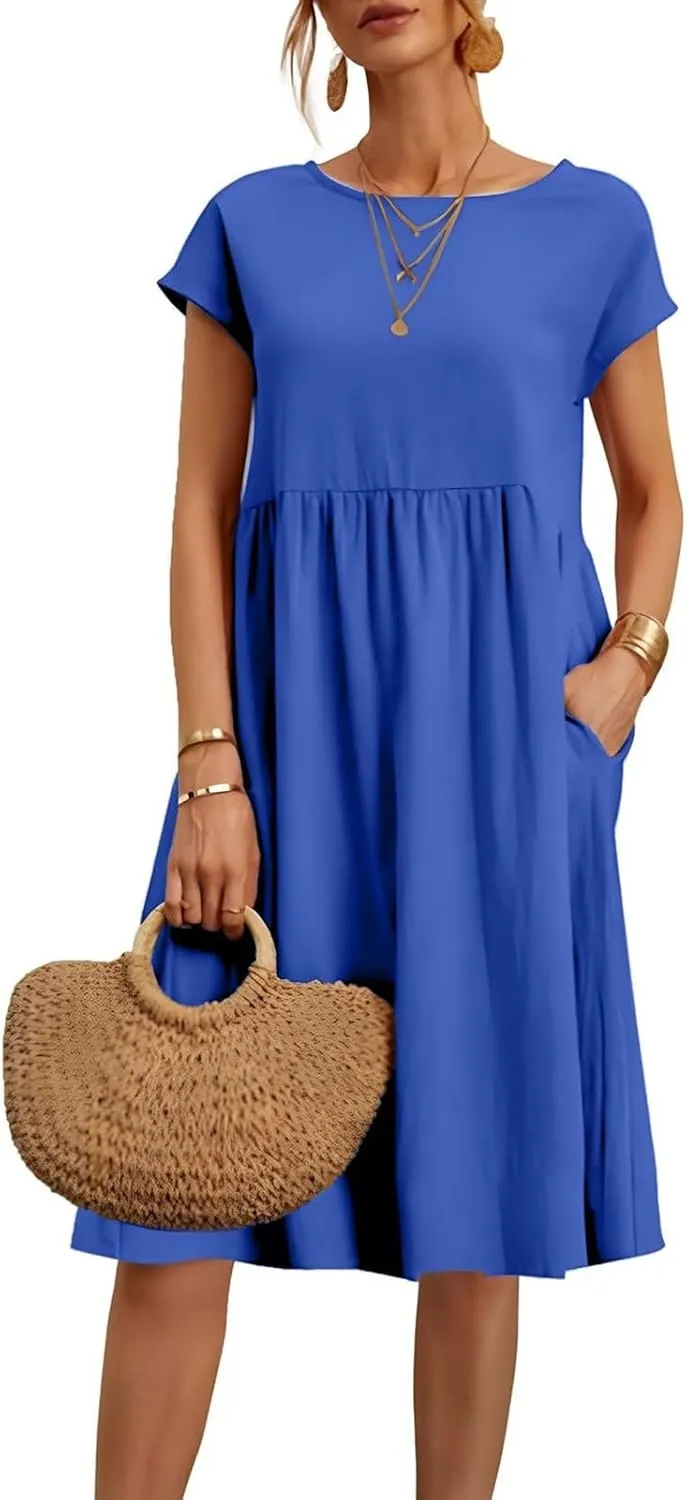 Dresses for Women 2025 Summer Cotton Linen Short Sleeve Midi Dress Plus Size Trendy Boho Beach Sundress with Pockets