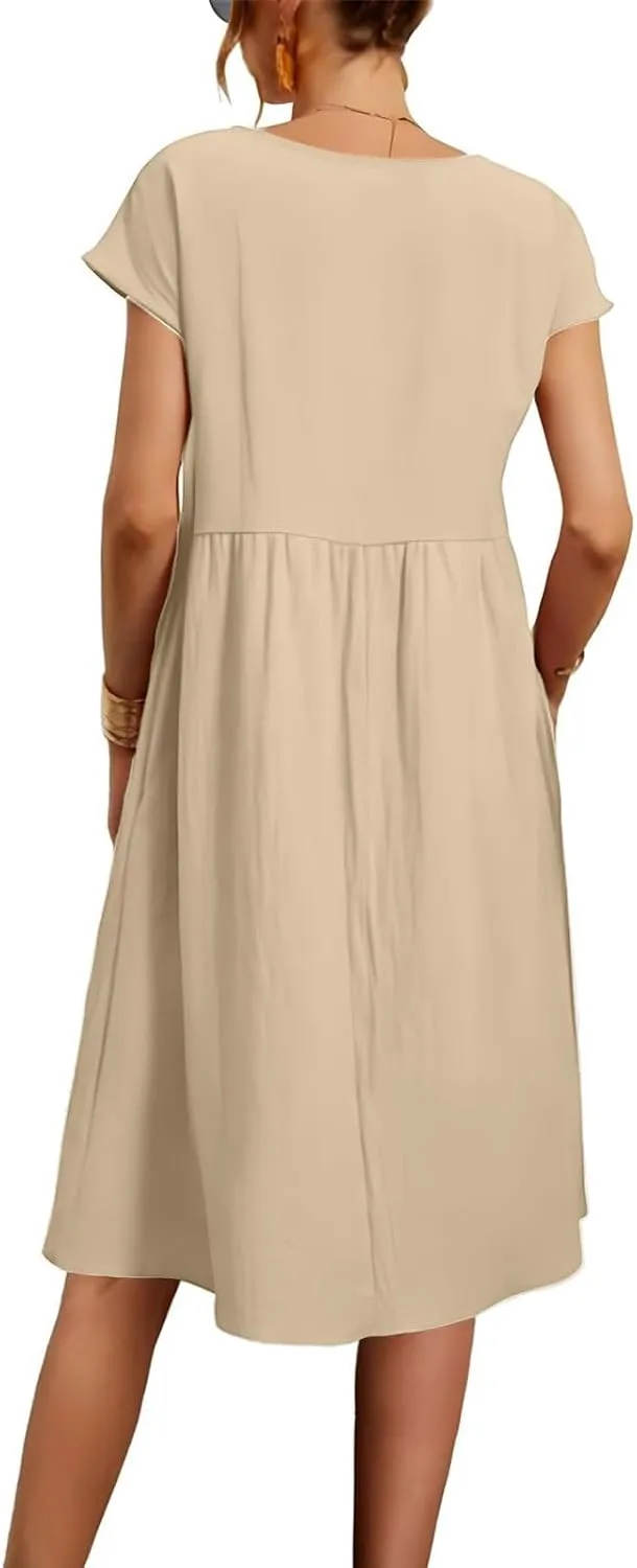Dresses for Women 2025 Summer Cotton Linen Short Sleeve Midi Dress Plus Size Trendy Boho Beach Sundress with Pockets