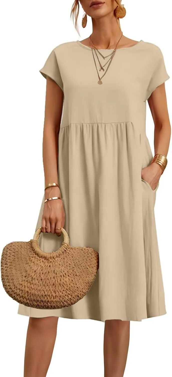Dresses for Women 2025 Summer Cotton Linen Short Sleeve Midi Dress Plus Size Trendy Boho Beach Sundress with Pockets