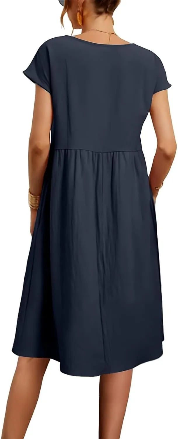 Dresses for Women 2025 Summer Cotton Linen Short Sleeve Midi Dress Plus Size Trendy Boho Beach Sundress with Pockets
