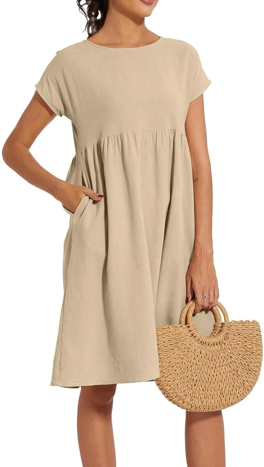 Dresses for Women 2025 Summer Cotton Linen Short Sleeve Midi Dress Plus Size Trendy Boho Beach Sundress with Pockets