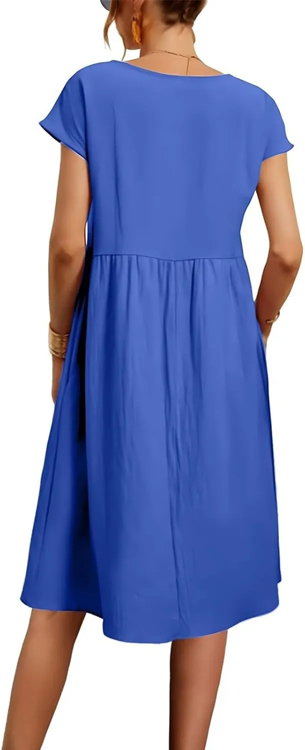 Dresses for Women 2025 Summer Cotton Linen Short Sleeve Midi Dress Plus Size Trendy Boho Beach Sundress with Pockets