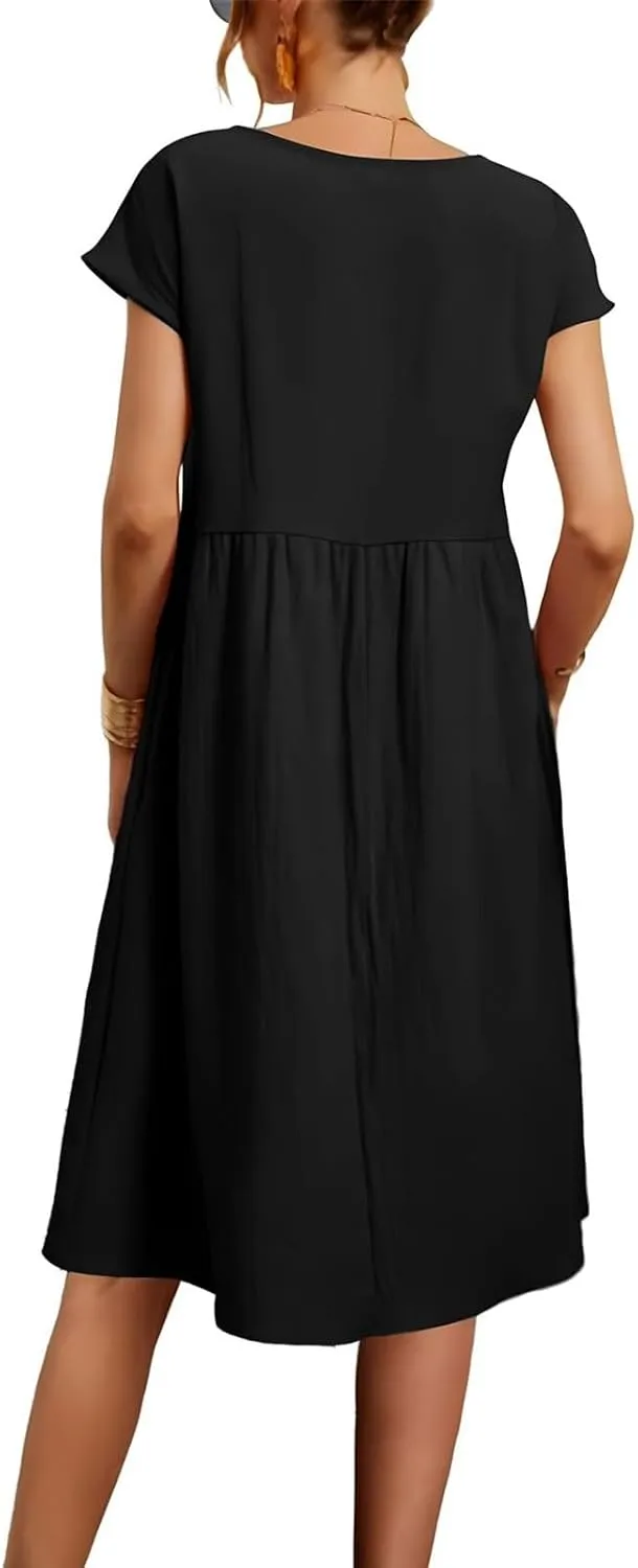Dresses for Women 2025 Summer Cotton Linen Short Sleeve Midi Dress Plus Size Trendy Boho Beach Sundress with Pockets