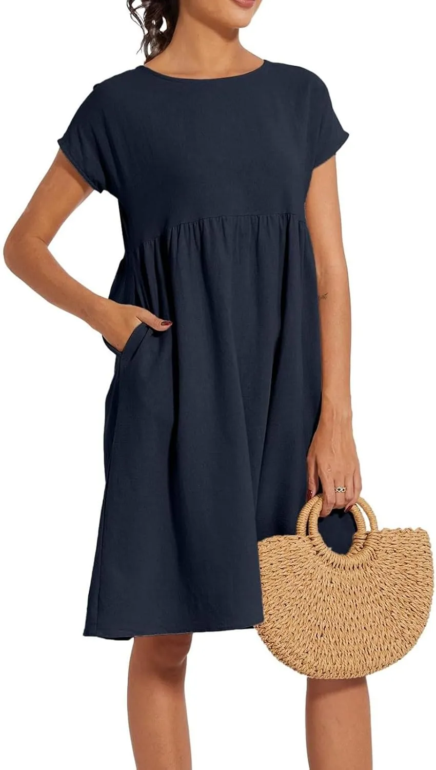 Dresses for Women 2025 Summer Cotton Linen Short Sleeve Midi Dress Plus Size Trendy Boho Beach Sundress with Pockets