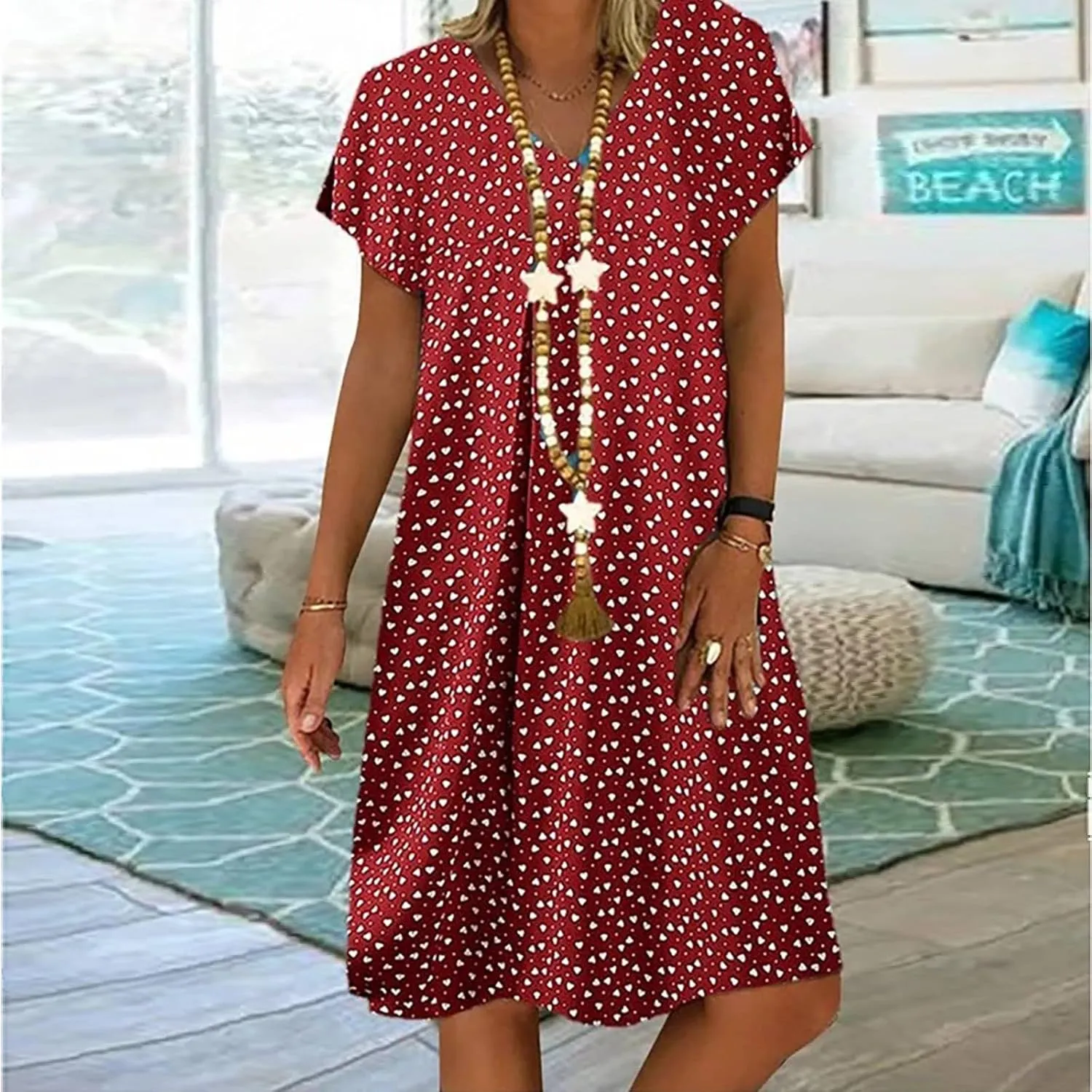 Dresses for Women Sexy Elegant V Neck Short Sleeve Summer Dress Fashion Polka Dot Dress Boho Floral Beach Sundresses