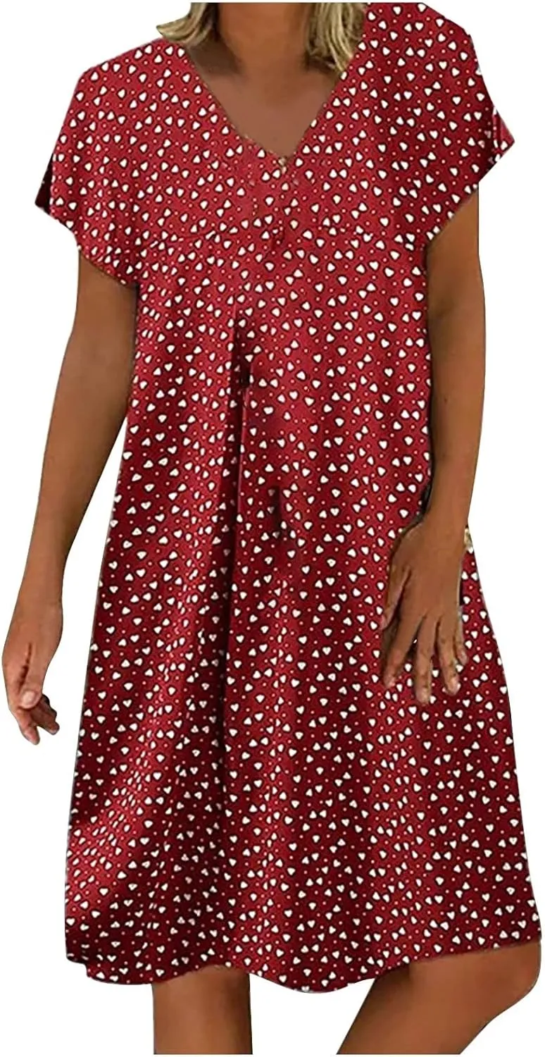 Dresses for Women Sexy Elegant V Neck Short Sleeve Summer Dress Fashion Polka Dot Dress Boho Floral Beach Sundresses