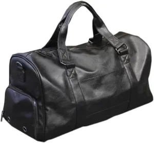 Duffle Travel Bag Leather Waterproof Gym Bag with Shoe & Wet Compartment Black Suit Business Travel Bag