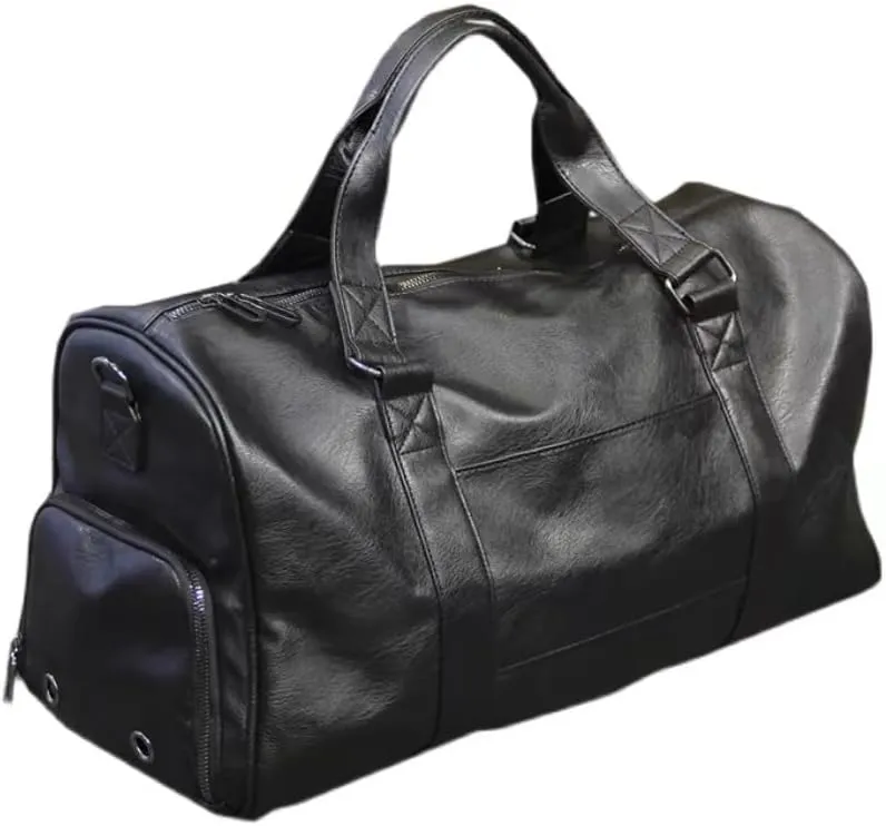 Duffle Travel Bag Leather Waterproof Gym Bag with Shoe & Wet Compartment Black Suit Business Travel Bag