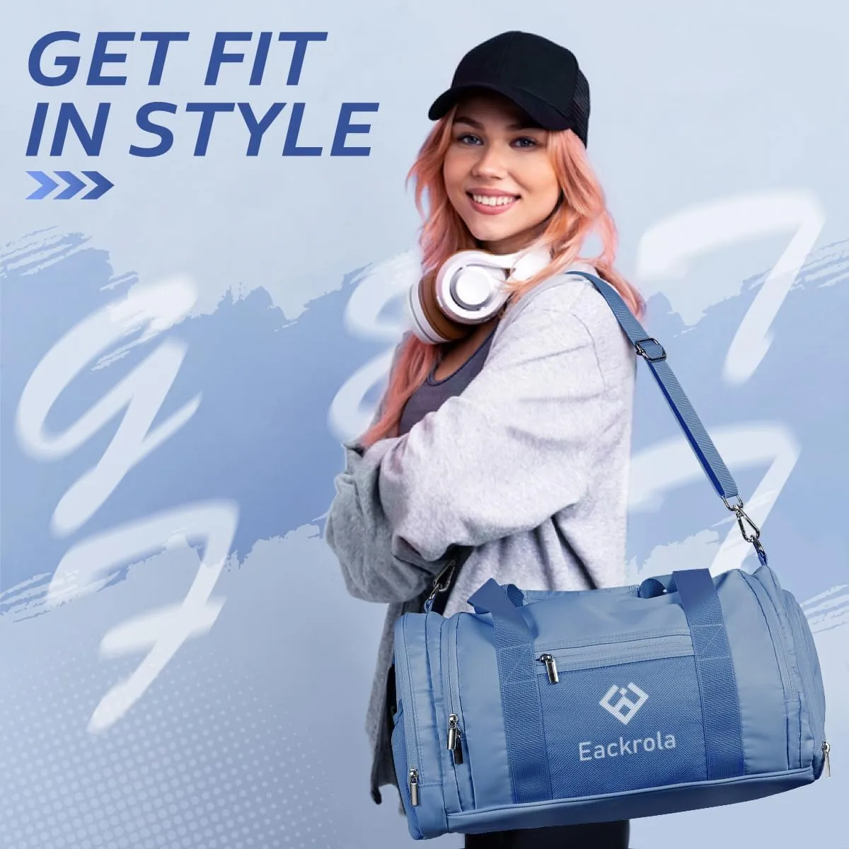 Eackrola Sports Gym Bag for Women & Men, Travel Duffel Bag Carry-on Bag, Lightweight Weekend Overnight Bag with Shoe Compartment & Wet Pocket,30LNavy Blue