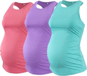 Ecavus Women's 3Pack Maternity Tank Tops Sleeveless Racerback Sport Top Pregnancy Athletic Yoga Shirts for Women