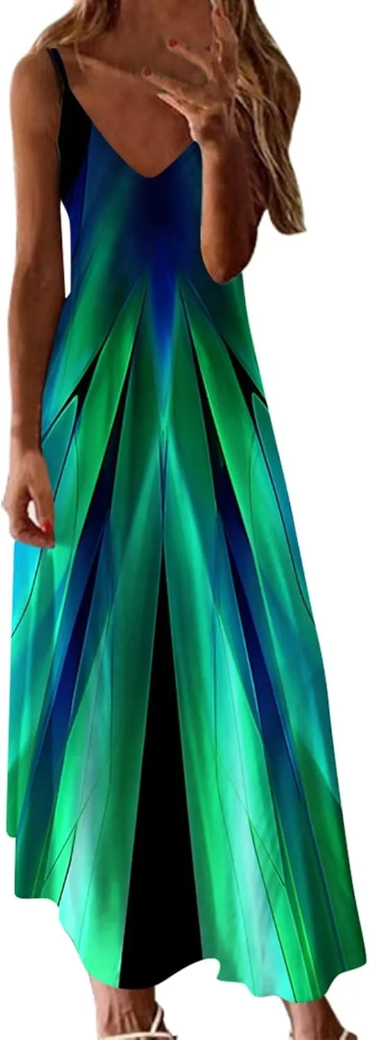 Eduavar Summer Dresses for Women, Maxi Dresses for Women 2024 Cute Floral Print Sleeveless V Neck Long Dress Beach Dress
