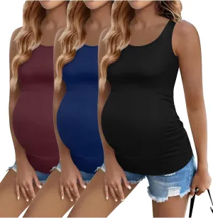 Ekouaer 3 Pack Women Maternity Tank Tops Ruch Side Basic Shirts Summer Postpartum Tops Sleeveless Pregnancy Workout Clothes