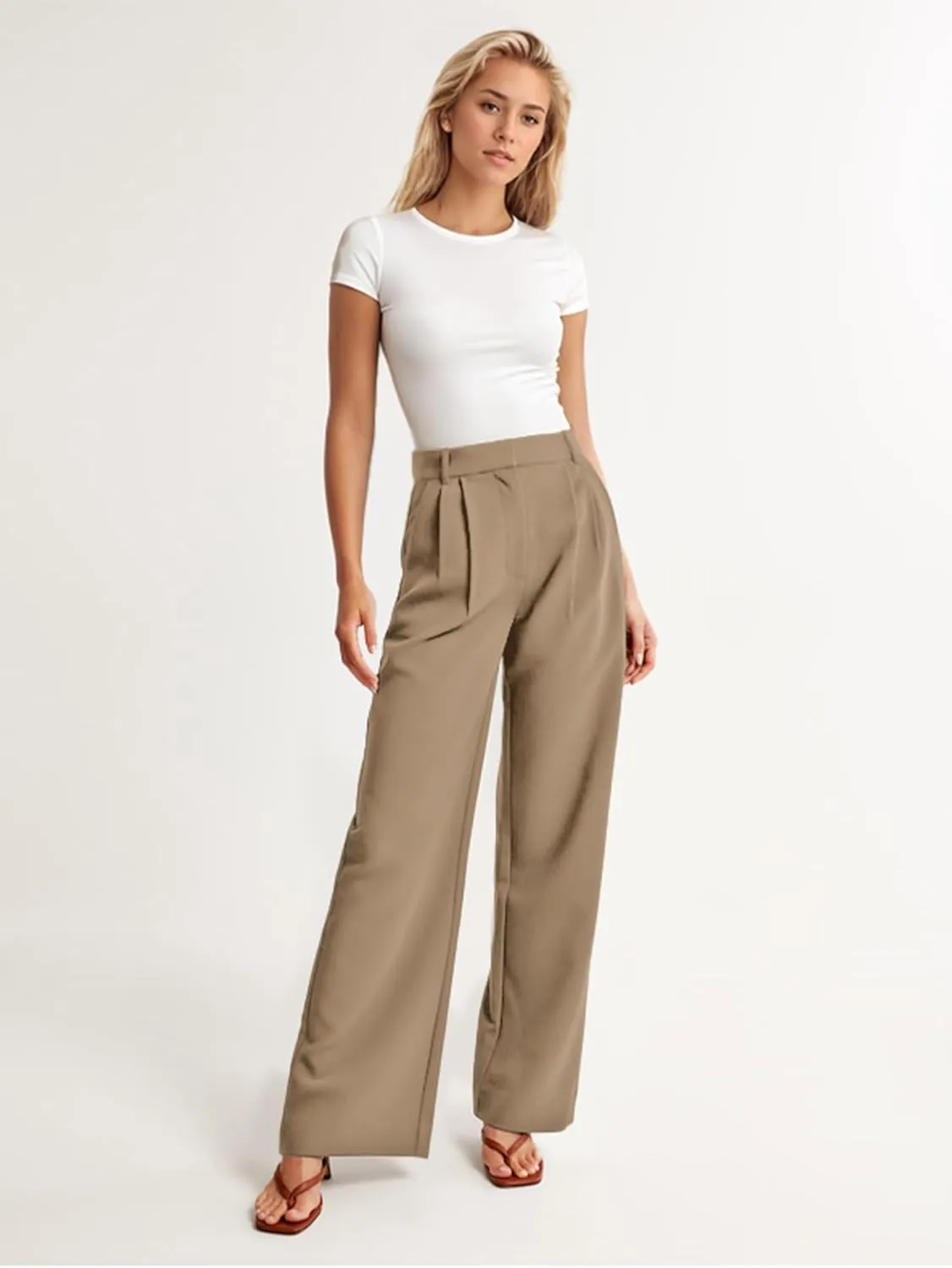 ELLEVEN Wide Leg Dress Pants for Woman, High Waisted Business Casual Work Trousers with Pockets