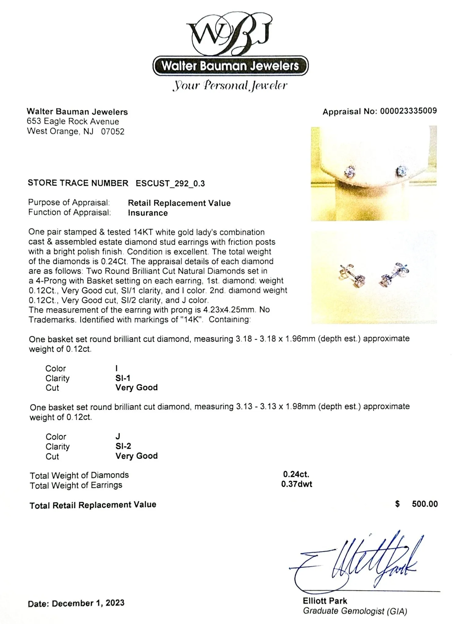 Estate 14K W Gold 0.24ctw J-I/SI1-2 Diamond Stud Earrings