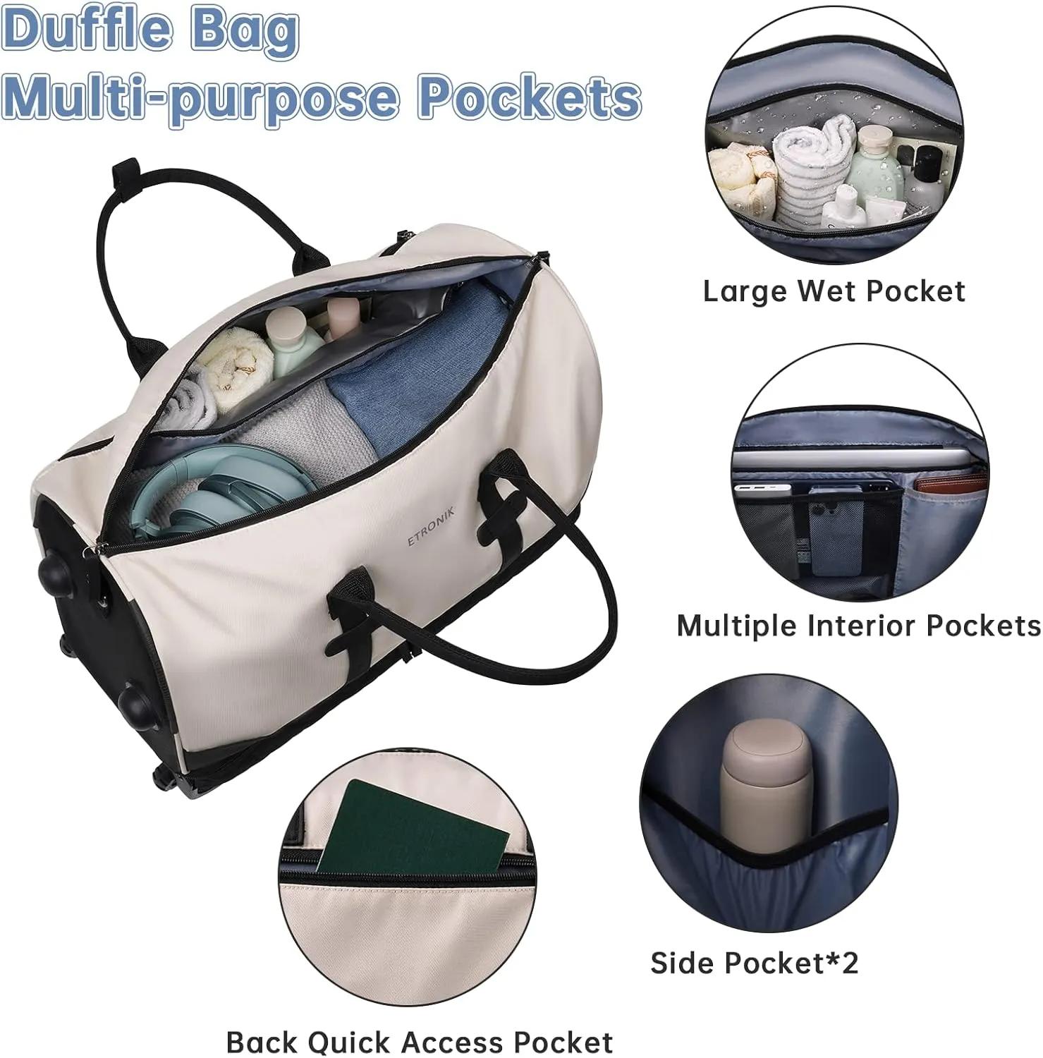 ETRONIK Rolling Duffle with Wheels, 23 Inch Large Carry on Luggage for Women with Shoe Compartment, Duffle Bag for Travel with Toiletry Bag, Beige