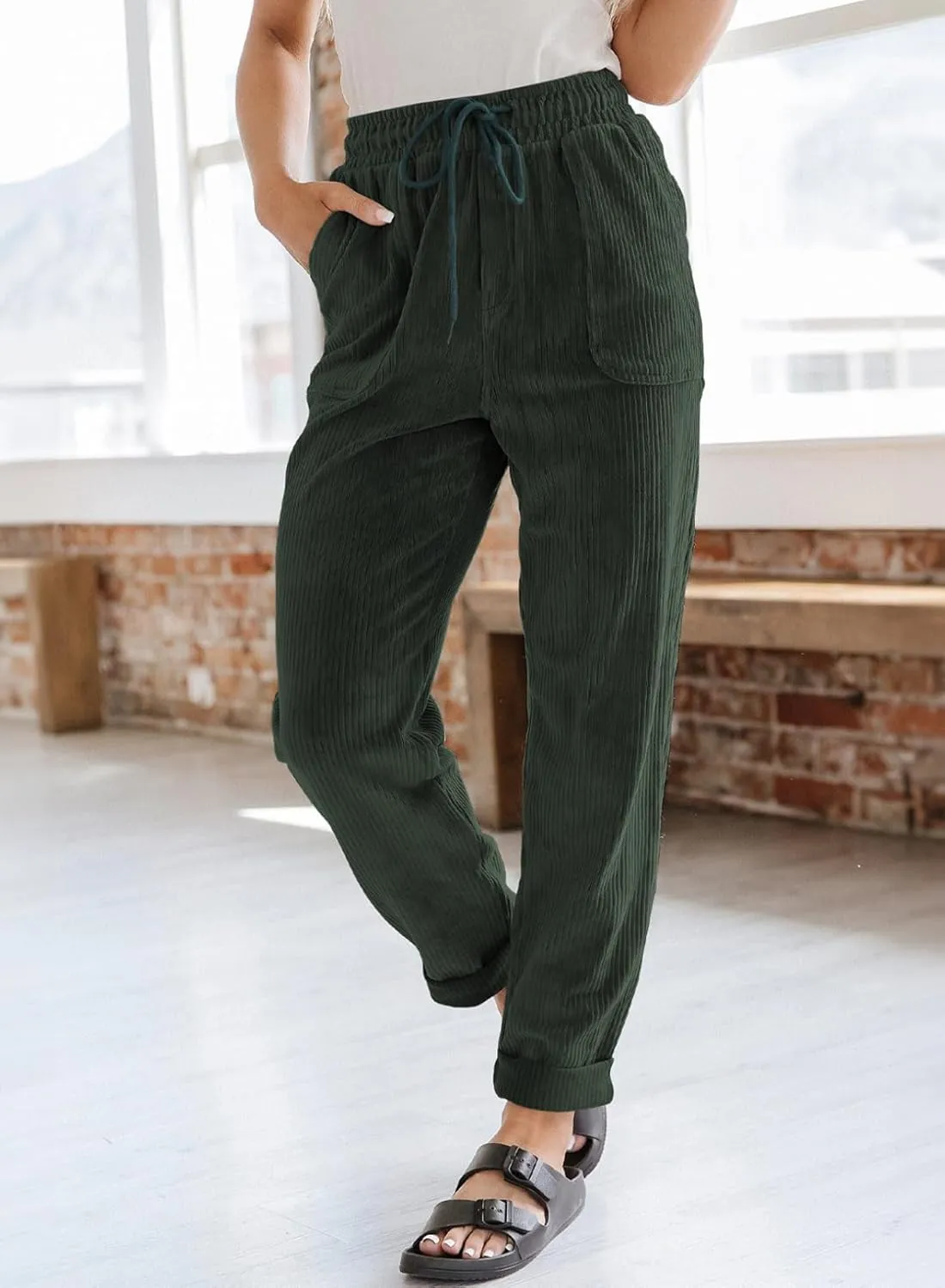EVALESS Corduroy Pants for Women Casual Drawstring Elastic High Waist Straight Leg Pants Loose Comfy Trousers with Pockets