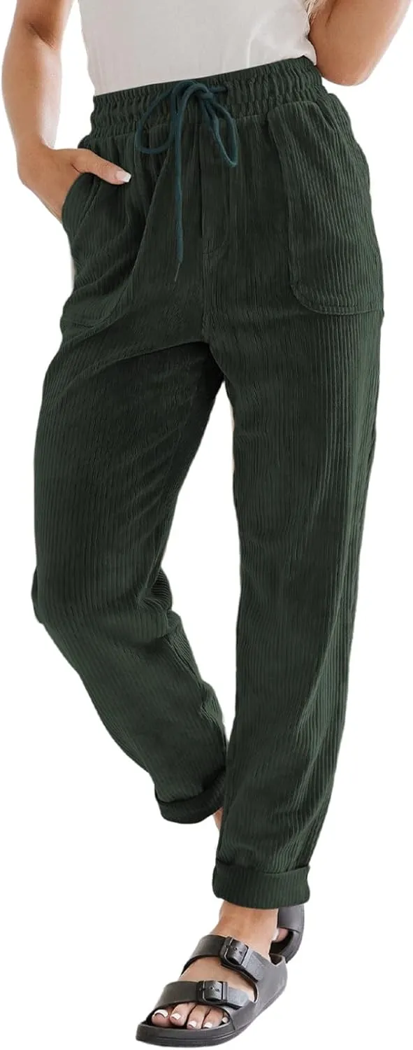 EVALESS Corduroy Pants for Women Casual Drawstring Elastic High Waist Straight Leg Pants Loose Comfy Trousers with Pockets