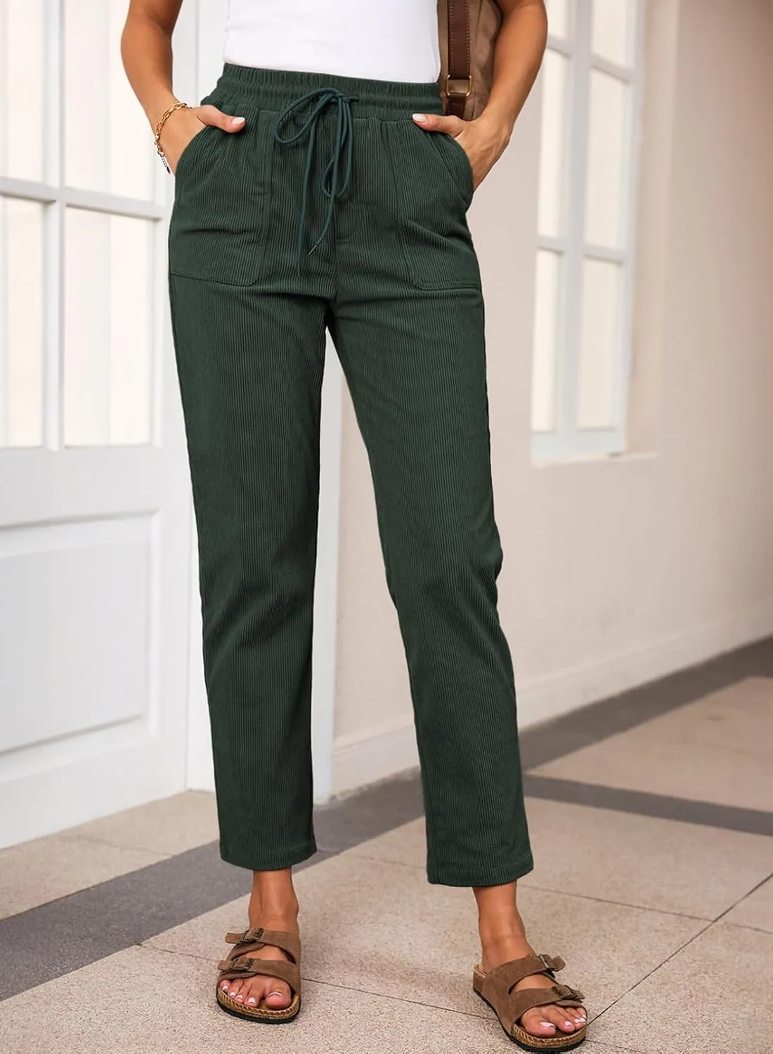 EVALESS Corduroy Pants for Women Casual Drawstring Elastic High Waist Straight Leg Pants Loose Comfy Trousers with Pockets