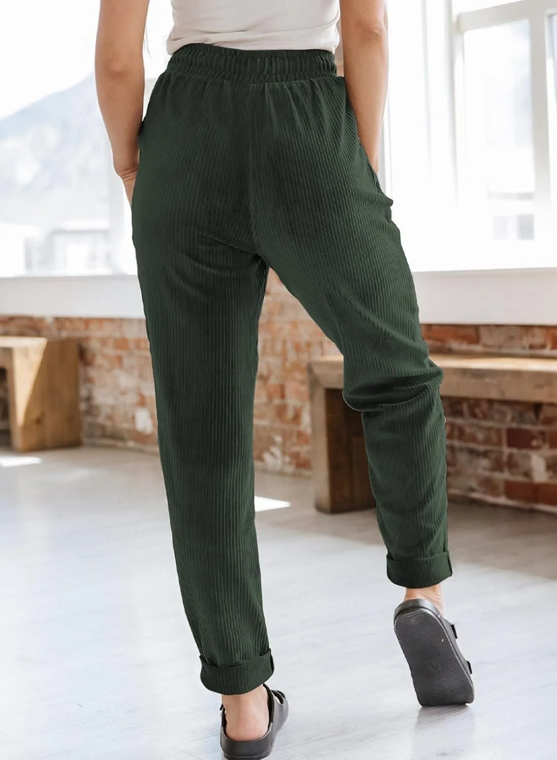 EVALESS Corduroy Pants for Women Casual Drawstring Elastic High Waist Straight Leg Pants Loose Comfy Trousers with Pockets