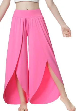 EXARUS Girls Flowy Pants Dance Palazzo Wide Leg Split High Waisted Trousers Casual for Kids 6-12Y