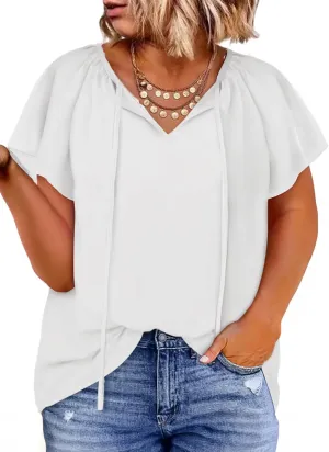 Eytino Women Plus Size Tops Boho Printed V Neck Short Sleeve Drawstring Casual Chiffon Shirts Blouse(1X-5X)