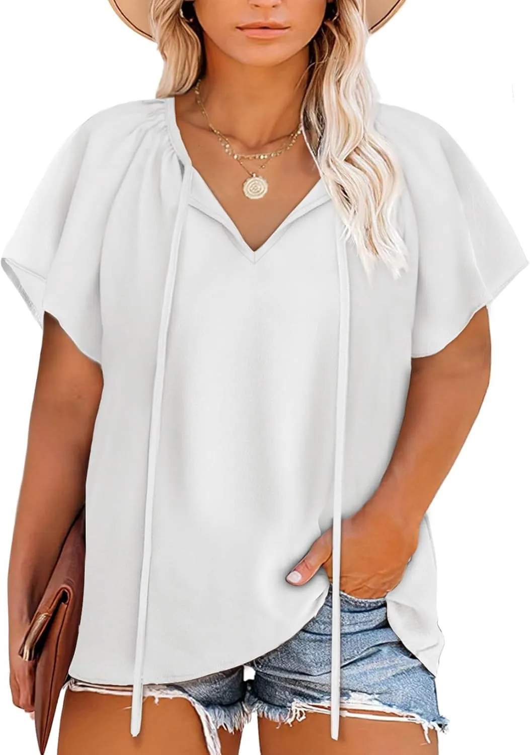 Eytino Women Plus Size Tops Boho Printed V Neck Short Sleeve Drawstring Casual Chiffon Shirts Blouse(1X-5X)