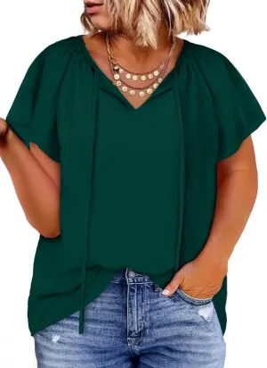 Eytino Women Plus Size Tops Boho Printed V Neck Short Sleeve Drawstring Casual Chiffon Shirts Blouse(1X-5X)